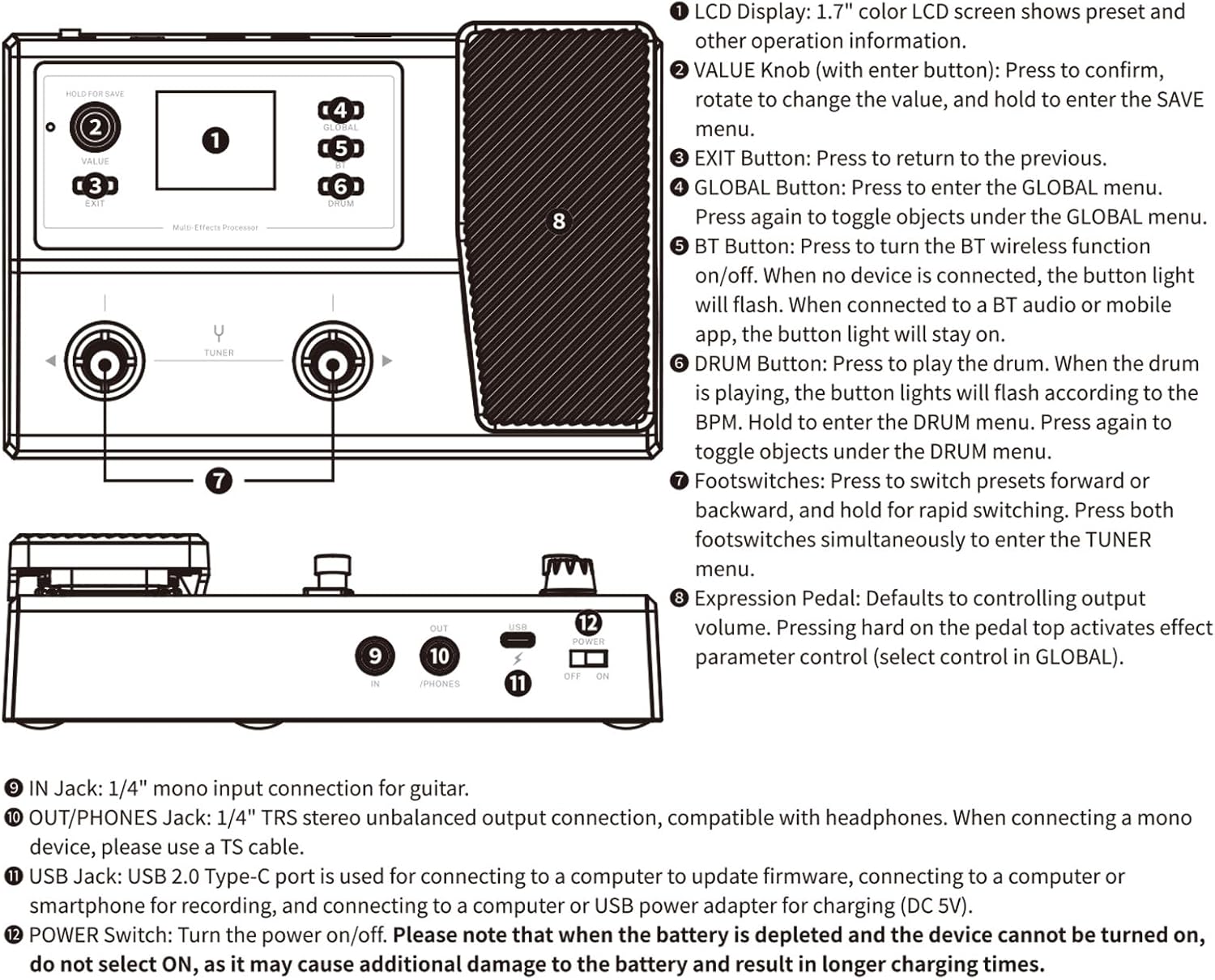 Jectse Guitar Effects Pedal, Multi Effects Processor with 8 Parallel Modules 100 Presets BT Drum Machine Tuner, Rechargeable Battery LCD Screen, for Electric Guitar