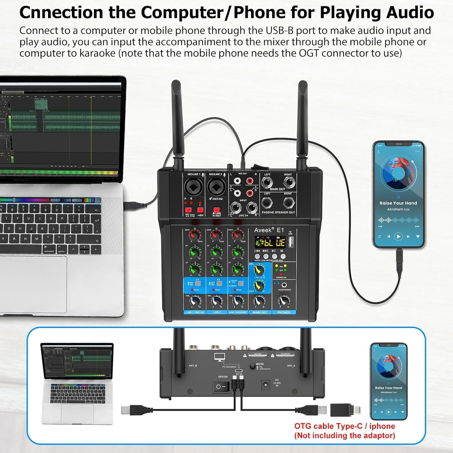 Aveek 150W x2 Powered Amplifier Audio Mixer,4 Channel with Dual Wireless Mic Sound Board Console MP3 Digital USB Bluetooth Computer Input 48V Phantom Power Stereo DJ Mixing for Karaoke Party