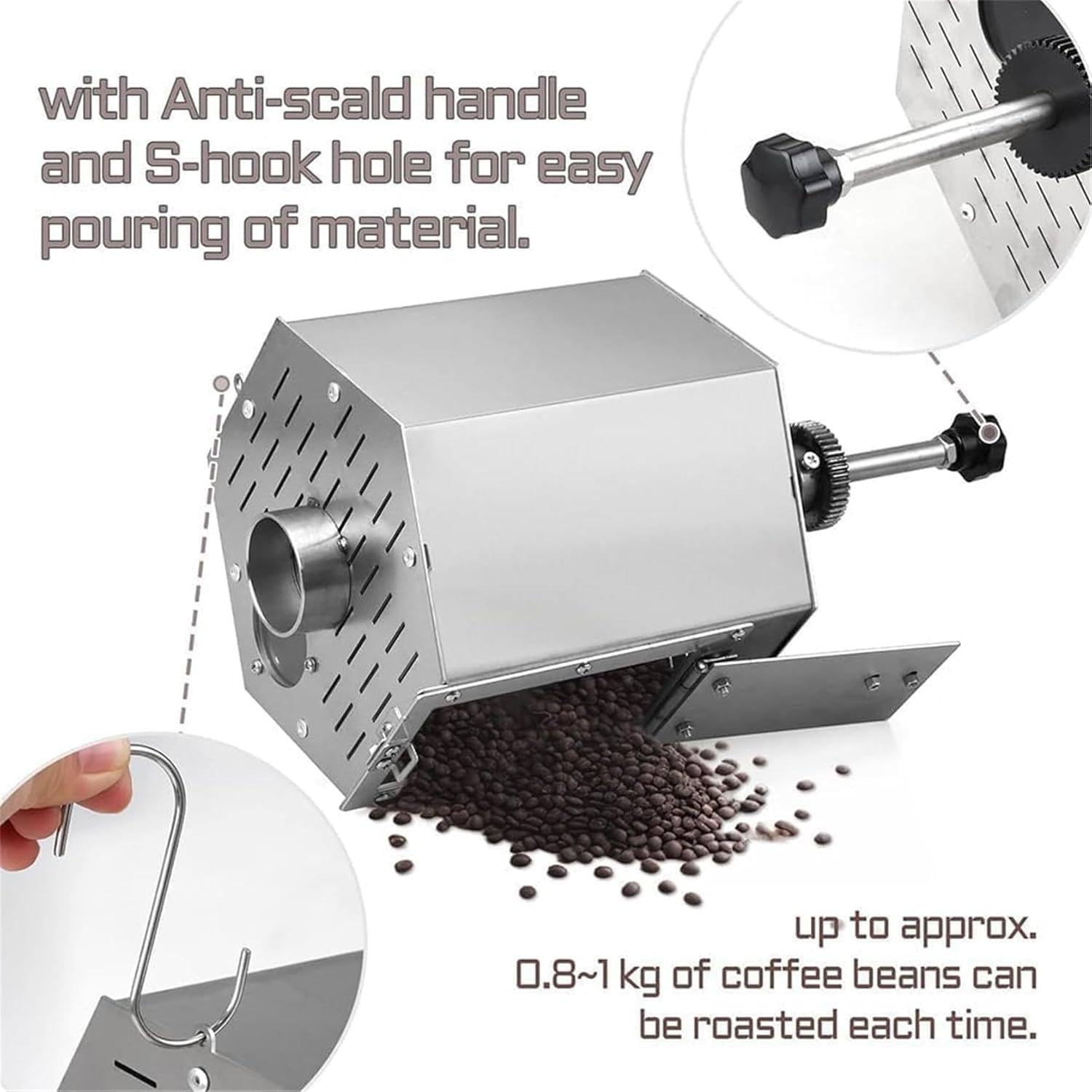 3.4l Stainless Steel Coffee Bean Roaster,Drum Gas Coffee Bean Baker Roasting Machine with Thermometera,5-55rpm/Min Speed and 1.7〜2.2lb/Bake Capacity,360° Constant Temperature