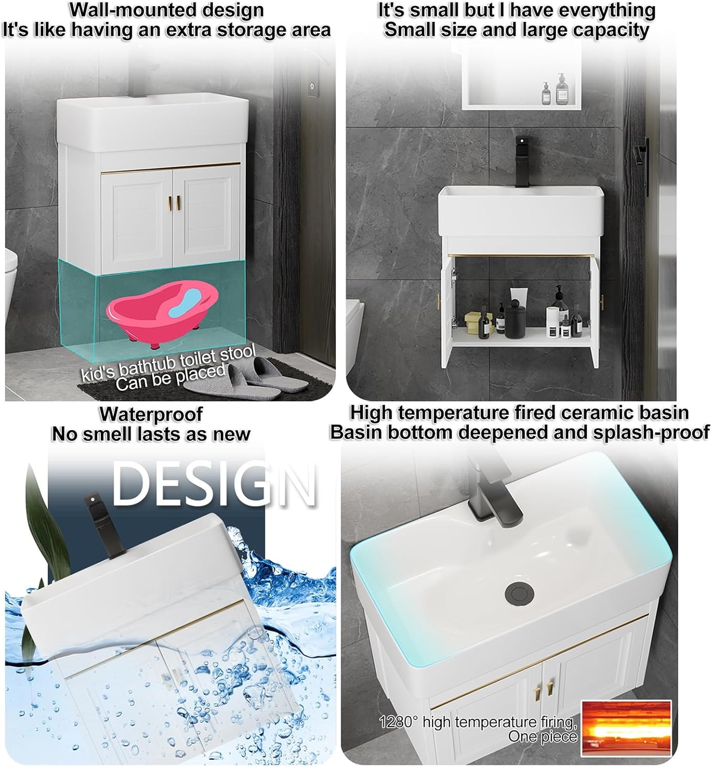 Vitreous China Bathroom Sink Bathroom Vanity Cabinet Wall Mount Sink with Faucet and Drain Combo Bathroom Small Wall Mount Rectangle Corner Sink for Small Space Bathroom,54.5X30X51CM