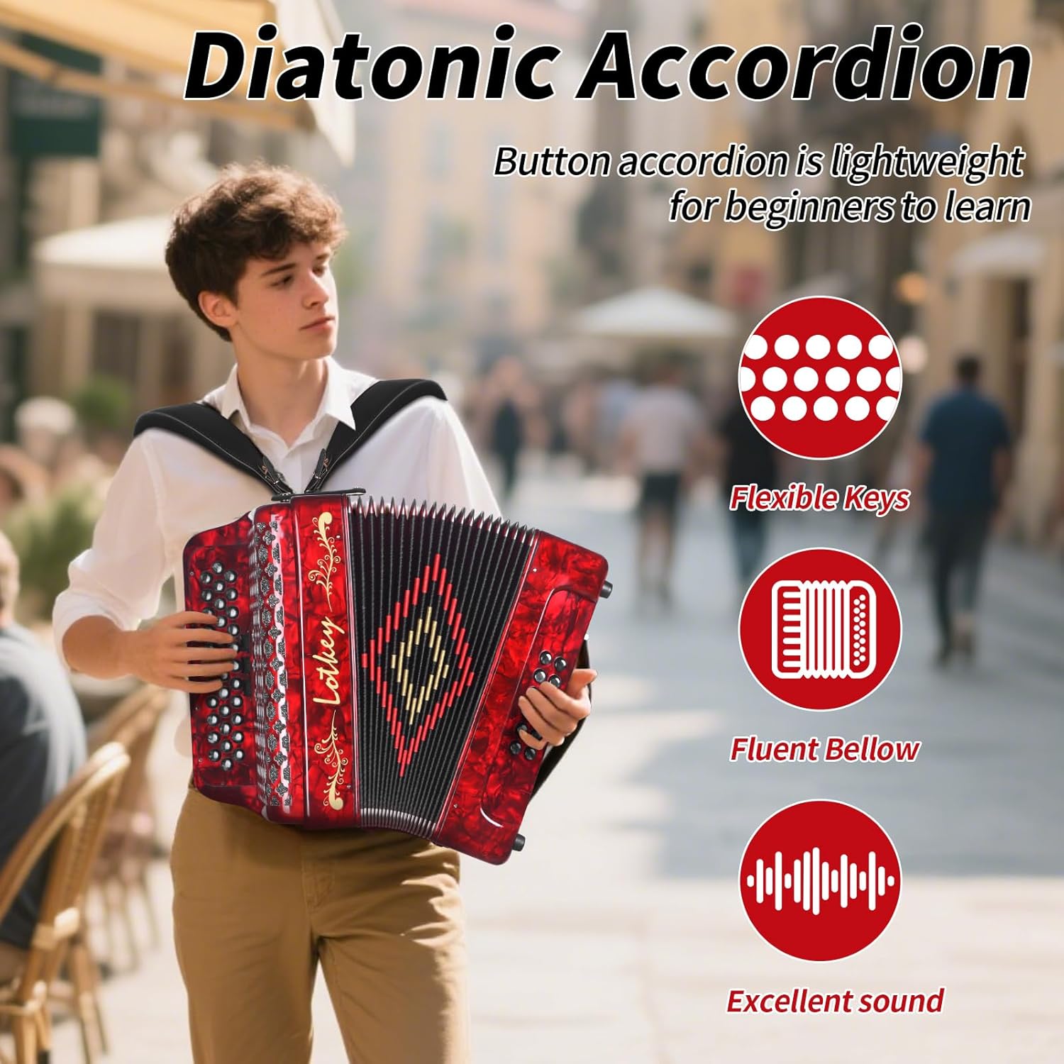 Lotkey 34 Key Diatonic Accordion, 3412 Multi Tone Celluloid Accordions Louder Clearer Timbre than Plastic for Adult, Beginner, Professional with Updated Bag, Straps, Acordeón Wrist Guard (FBE Red)