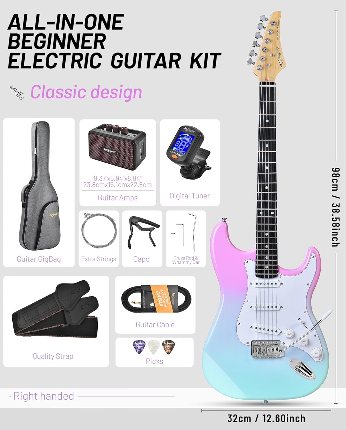 Leo Jaymz Beginner Electric Guitar Complete Kit with Portable Amp, Padded Gig Bag & Full Accessories, Maple Neck SSS Pickups(Pink-Cyan Fade)