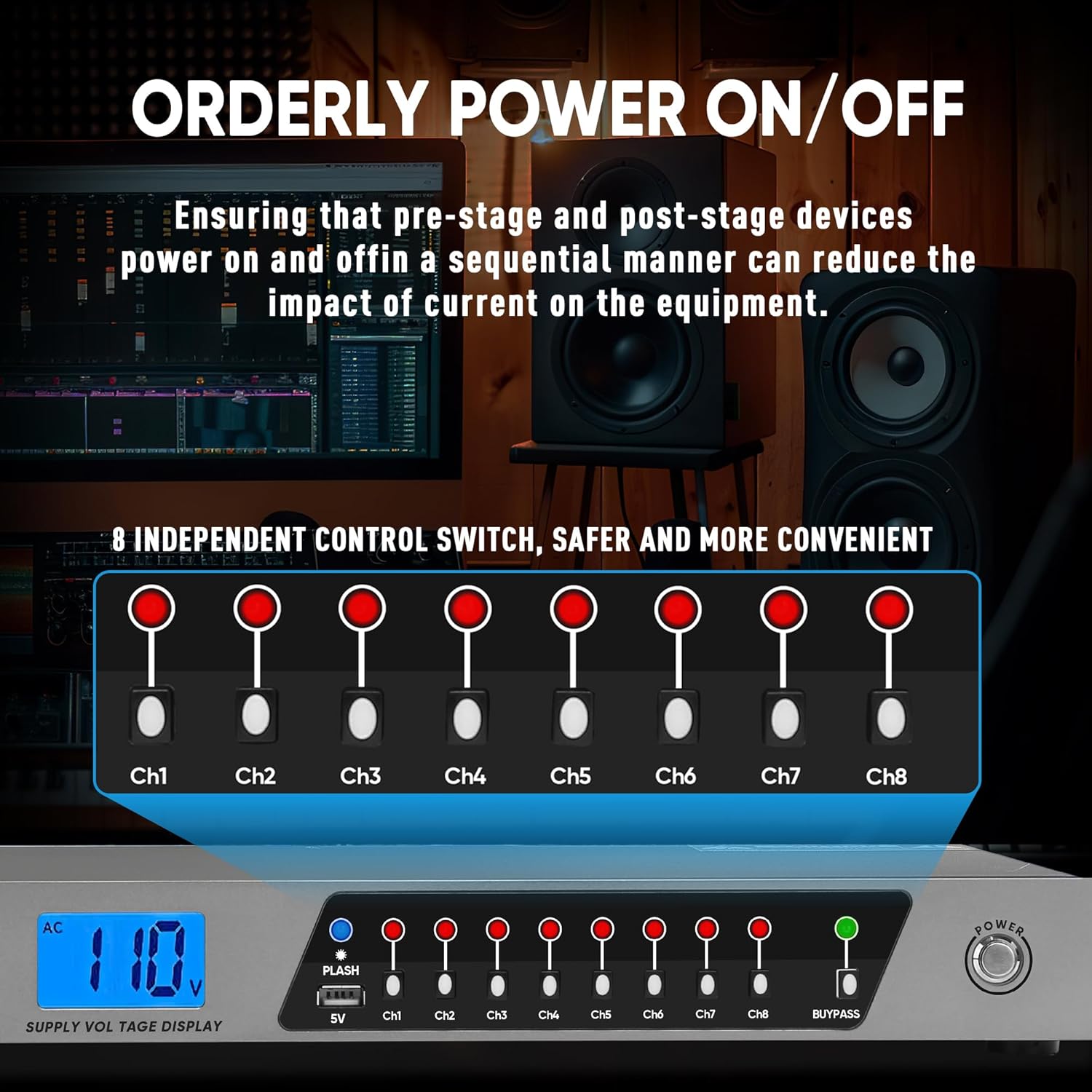 Power Conditioner, 20 Amps 10 Outlet Rack Mount Power Sequencer for Audio Equipment, 2000w Power Supply with 8 Independent Switches, 2P Surge Protector, External Switch, Voltage Display