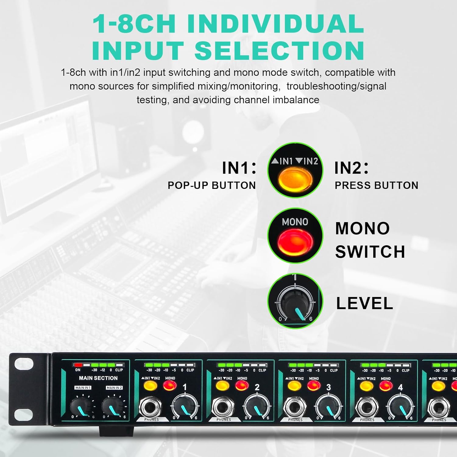 8-Channel Headphone Mixing Distribution Amplifier, Mountable High-Power Headphone Splitter Amp with Mono/Stereo Modes, 16 Headphone Outs, LED Meters for Studio & Live Sound Monitoring