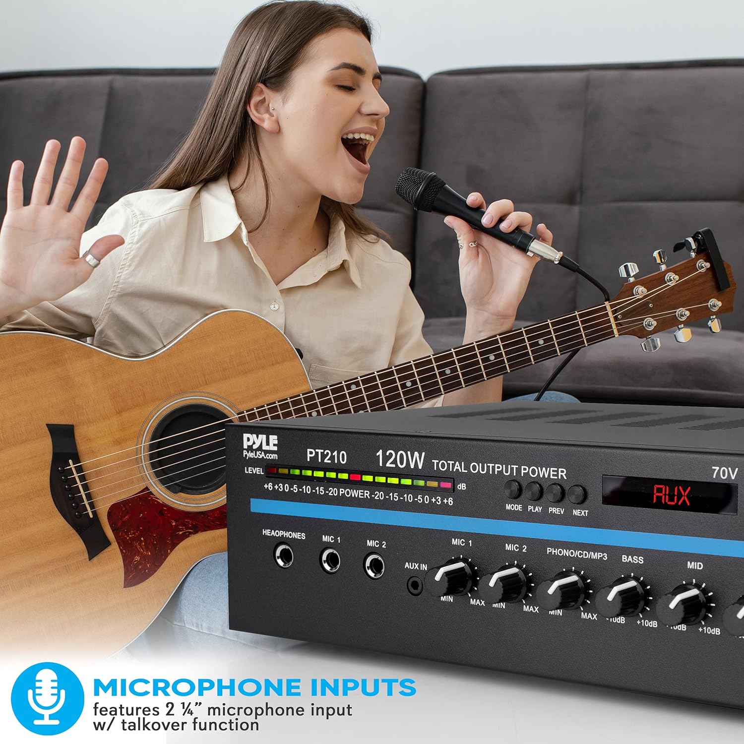 Pyle Public Address Mono Amplifier with Bluetooth - 120 Watt PA Amp with 70v Output, Dual Mic Inputs - Independent Vol Ctrl Per Channel - 3 Band EQ - For Home, Commercial, Restaurant, School - PT210