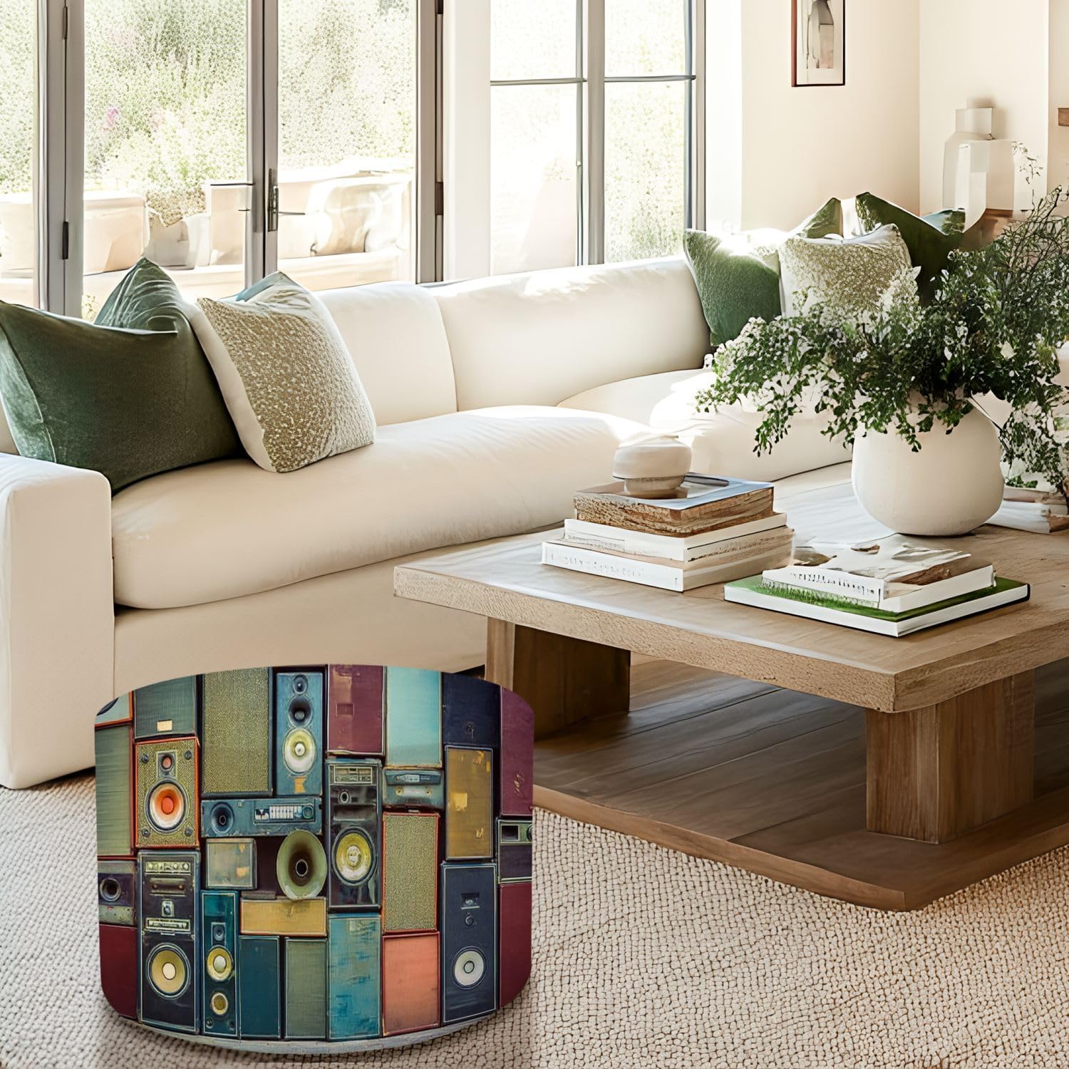 Round Pouf Ottoman Music Speakers Wall Retro Vintage Style Foot Stool Foot Rest Floor Stool Bean Bag Chair Cotton Linen Removable Indoor Outdoor for Living Room Bedroom