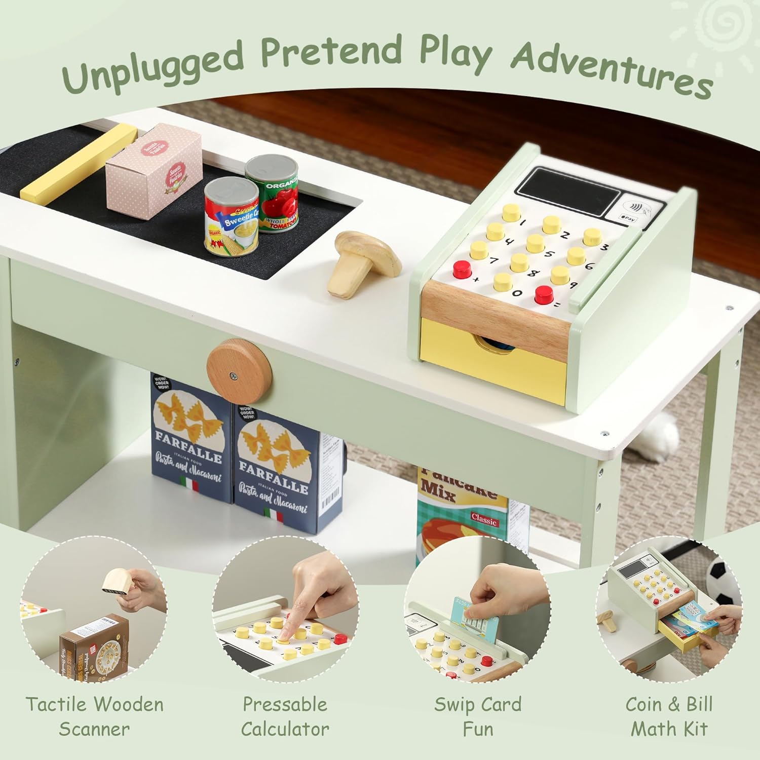 SainSmart Jr. Grocery Store Pretend Play, Wooden Play Store with Cash Register, Chalkboard, Cooler, Play Food Accessories, for Toddlers Aged 3+, Light Sage Green
