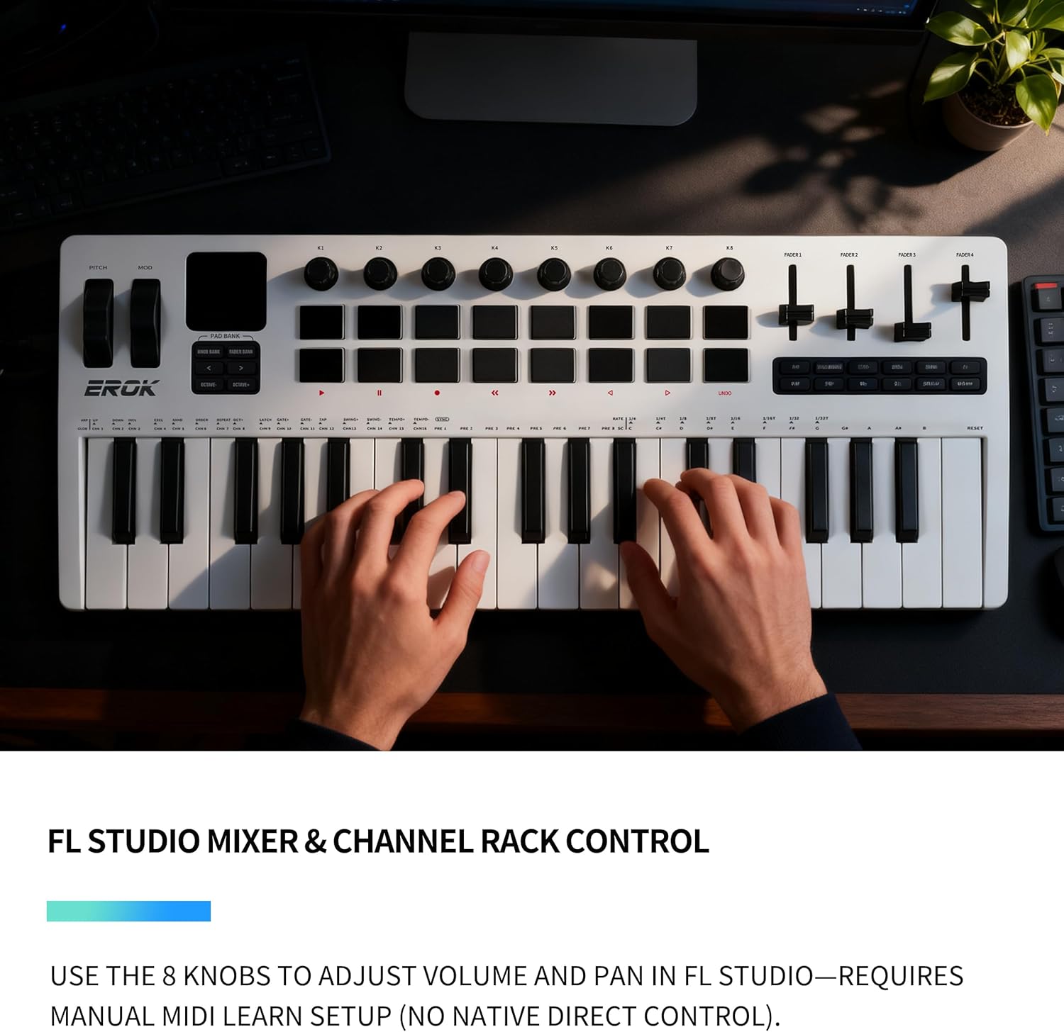 EROK 37 Keys MIDI Keyboard Controller with 3.5mm MIDI Output, 16 Backlit Drum Pads, 8 Knobs, DAW Integration & Arpeggiator, Music Production Equipment and Studio Controller (White)