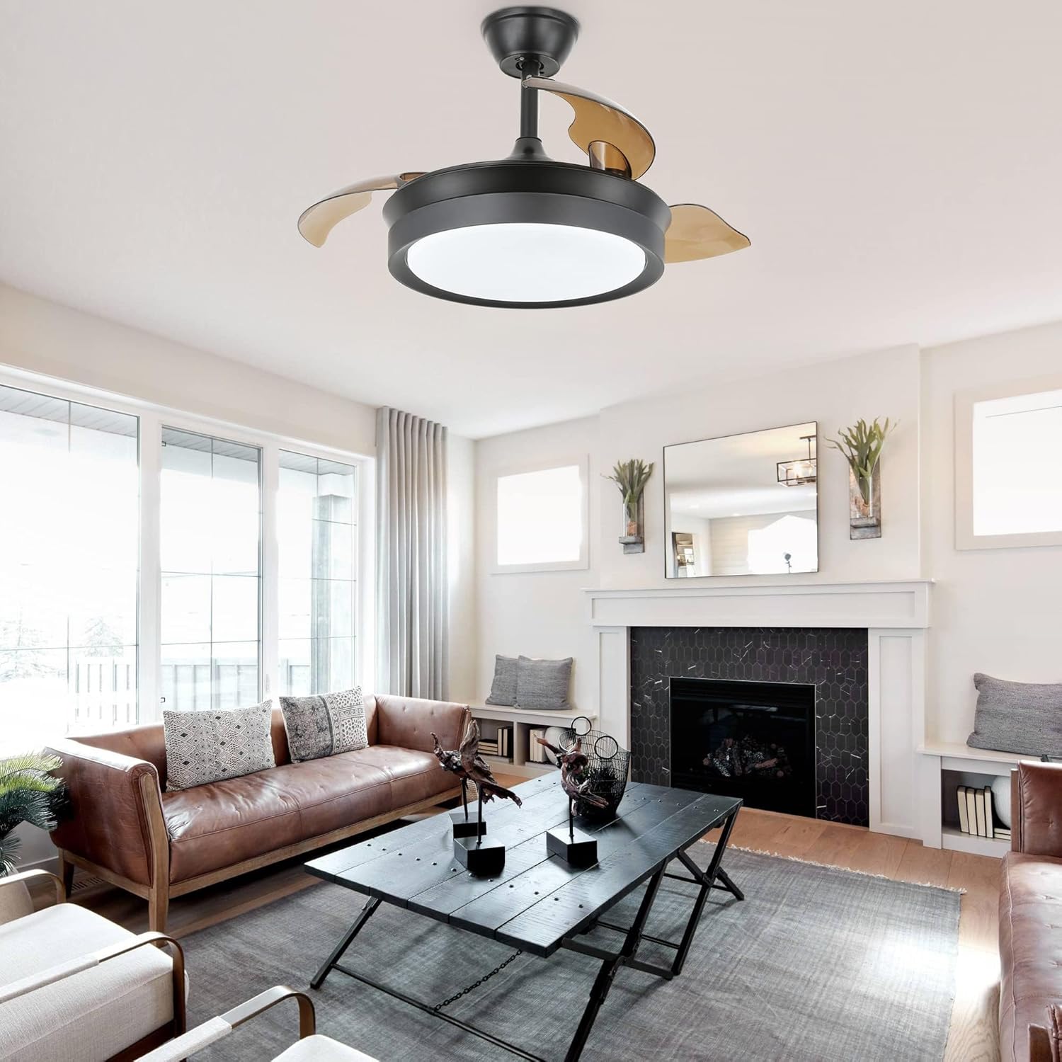 Bella Depot Retractable Ceiling Fan with Lights and Remote with 3 Color Change, Timing Options, Silent Noiseless for Dining Room Bedroom Kitchen (Classic Black, 36