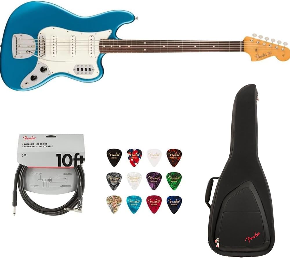 Fender Vintera II '60s Bass VI - Lake Placid Blue Bundle with Fender FB620 Electric Bass Gig Bag (Black), 12-Pack Picks and 10ft Instrument Cable