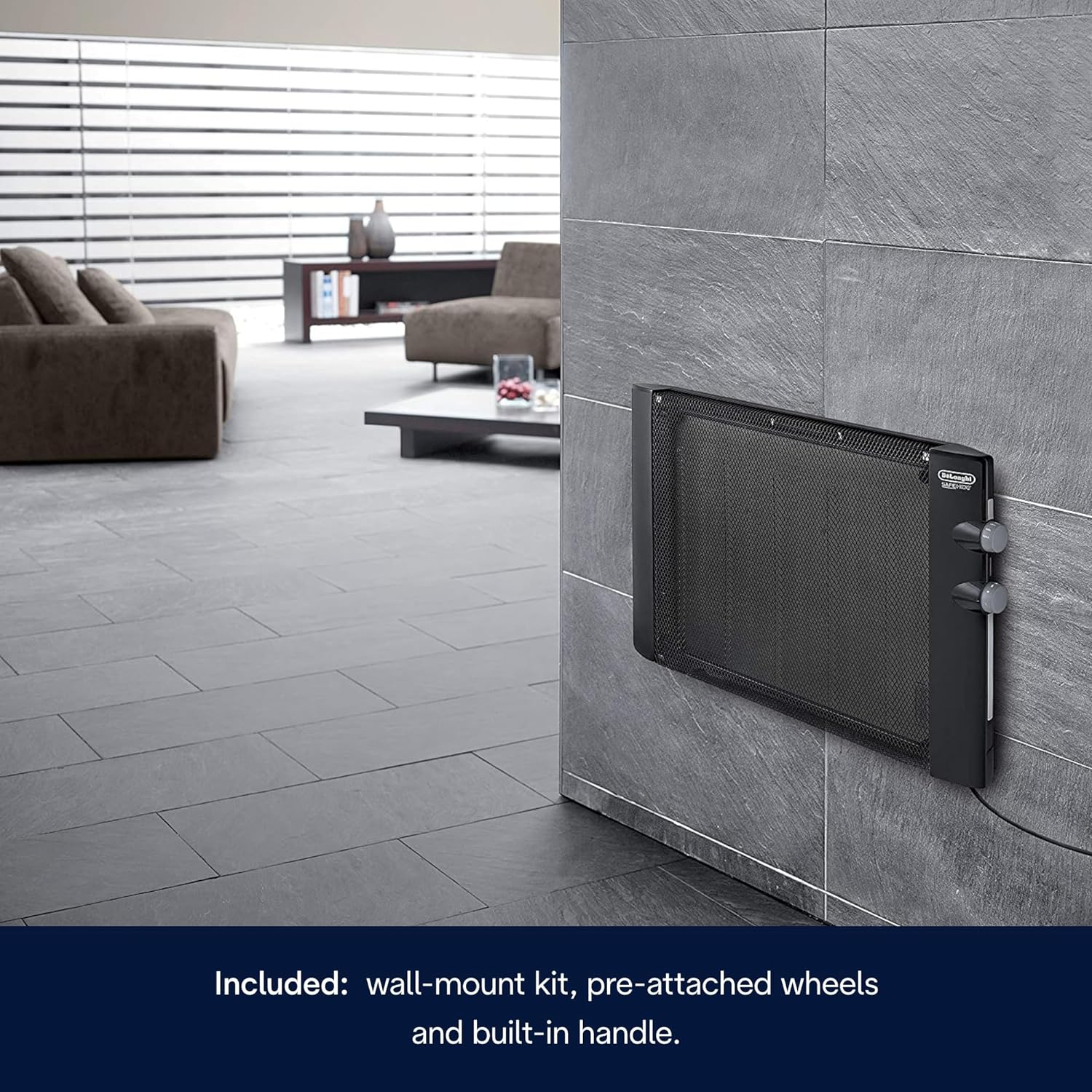 DeLonghi Mica Panel Space Heater, 1500W quiet electric space heater for indoor use, adjustable thermostat, freestanding/ easy wall mount, full room heating with built-in safety features, HMP1500 Black