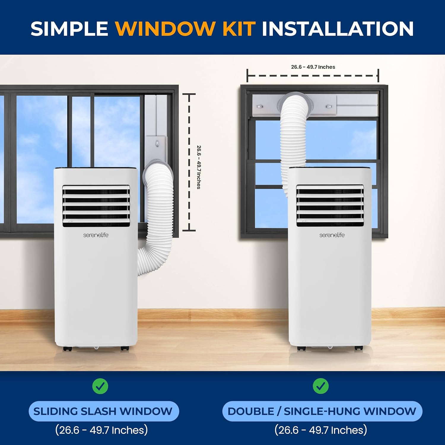 SereneLife Portable Conditioner, 8000 BTU 3-in-1 Compact Standing Air Conditioner for Rooms Up to 300 Sq. Ft., Energy Efficient Floor AC Unit with Remote Control, Universal Casters, Window Mount Kit