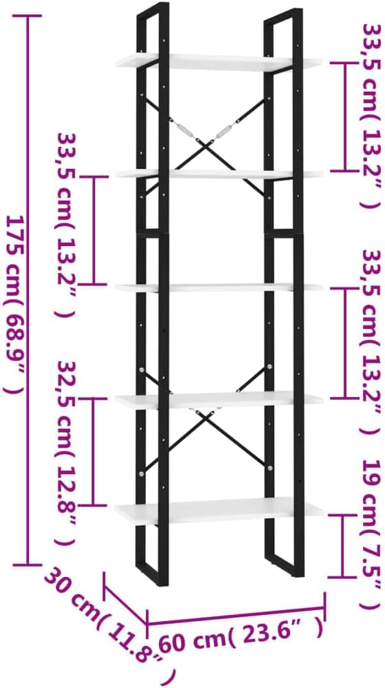5-Tier Industrial White Bookcase 23.6 x 11.8 x 68.9 in Engineered Wood & Metal Matte Finish Modern Tall Book Shelf for Living Room Home Office Bedroom