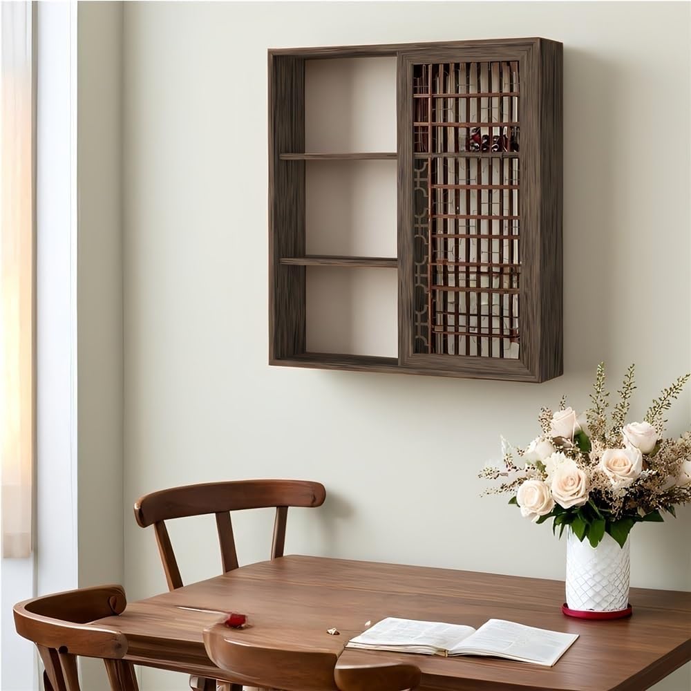 Tea Cup Holder Display Stand, Wall Mounted Cups Holders with Door, Wood Teaware Displays Shelf for Living Room, Tea Room, Office(35.43 * 23.62in)