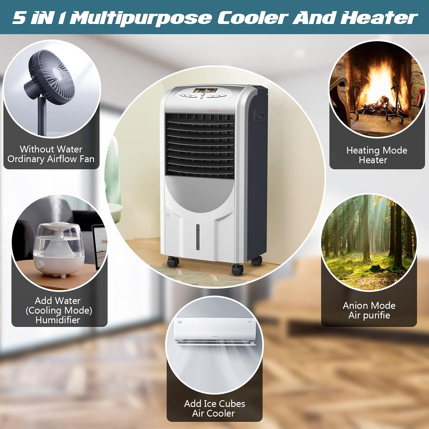 KOTEK Air Cooler and Heater, 5-in-1 Portable Evaporative Air Cooler w/Anion Function, 8H Timer, 3 Modes & 3 Speeds, Bladeless Quiet Evaporative Cooler w/Remote Control for Home, Office