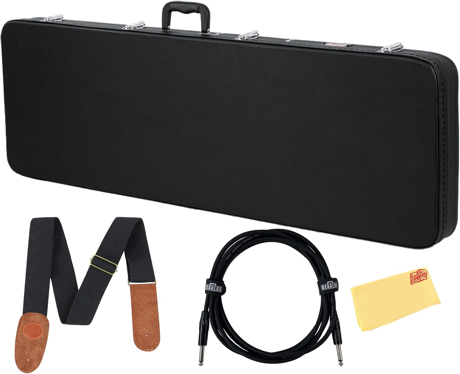 Gator GWE-BASS Wood Case for Precision/Jazz Bass Style Bass Guitars Bundle with Strap, Cable, and Austin Bazaar Polishing Cloth