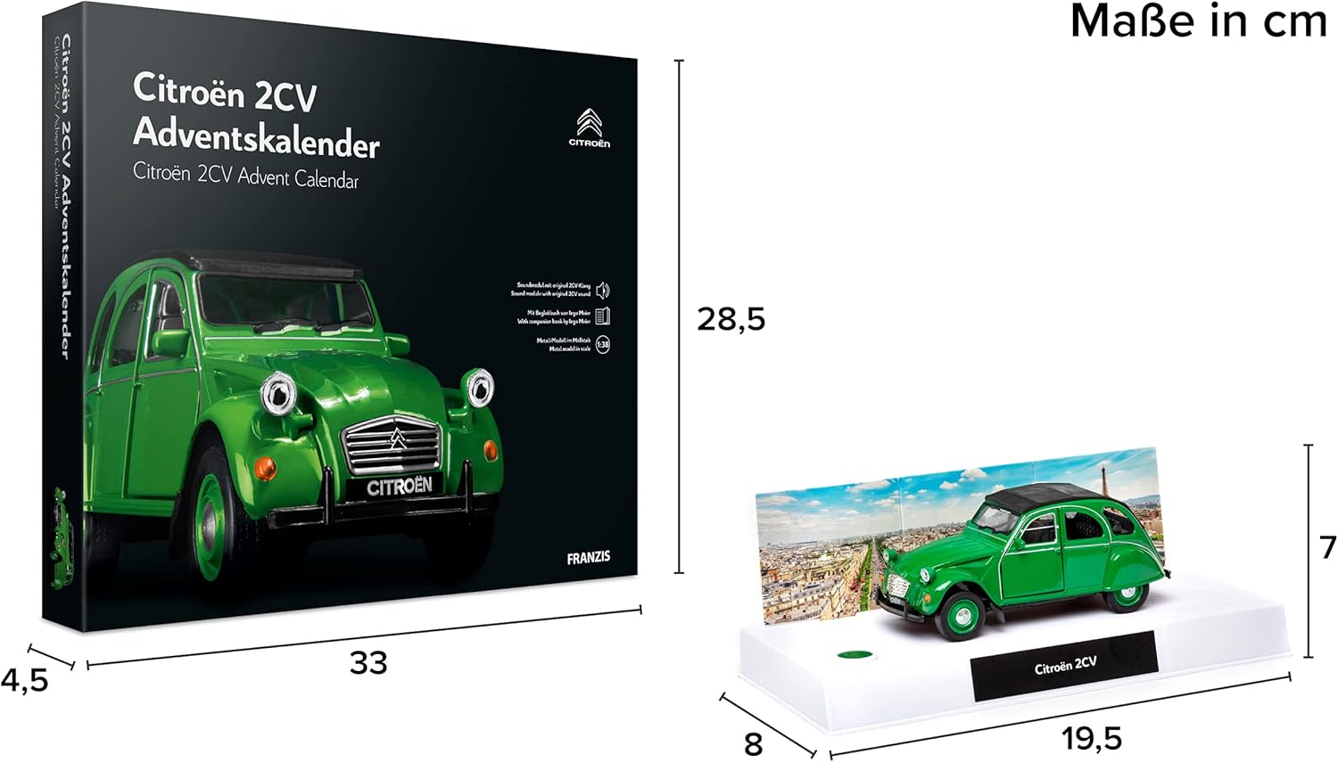 FRANZIS 55154 Citroen 2CV Advent Calendar Green Metal Model Kit in Scale 1:32 Includes Sound Module and 50 Page Accompaniment Book