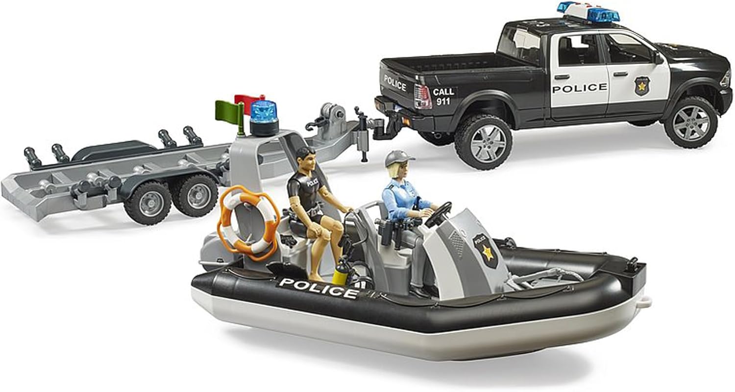 Bruder RAM 2500 Police Pickup with L + S Module Trailer, Boat and 2 Figures