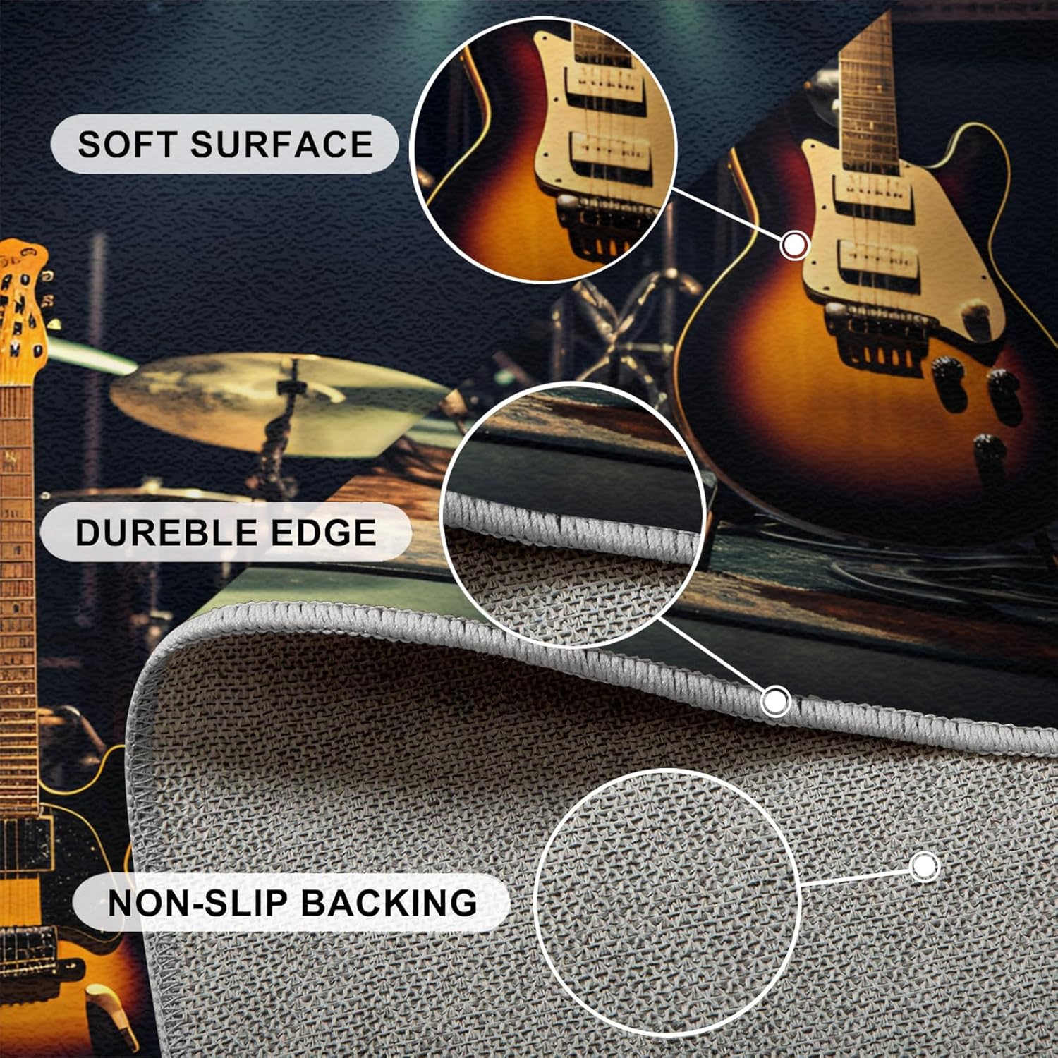 Large Area Rug 7x10 Rock Stage Rug, Instruments Rugs for Living Room, Guitar and Drum Beats Rug, Machine Washable Breathable Carpet for Bedroom Floor Decor Study Dining Room
