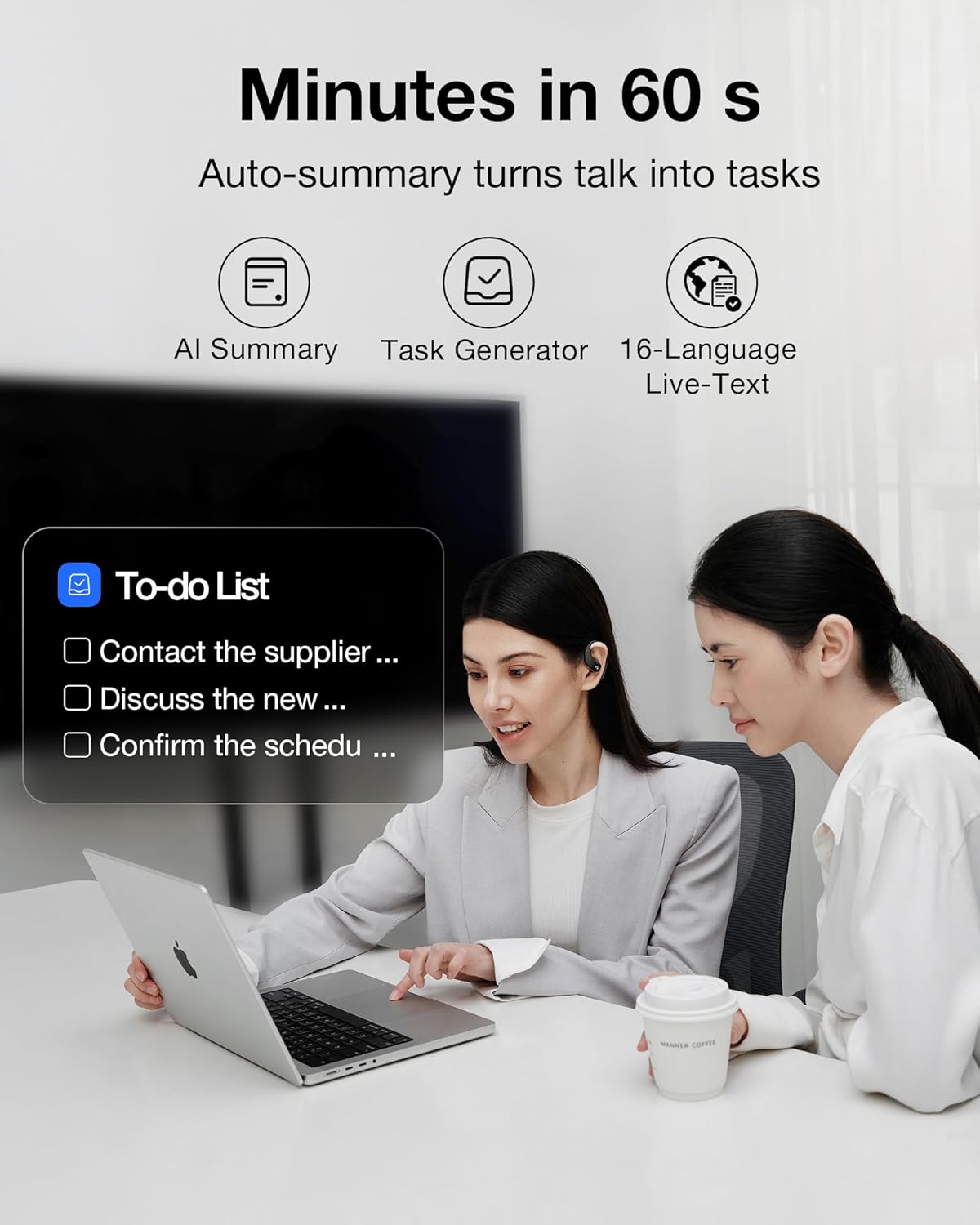 OpenNote AI Voice Recorder – Open Ear Headphones with FlashRecord, Call Recording, Real-Time Transcription, Translation, AI Assistant, for Students, Professionals & Interview Recording, Black