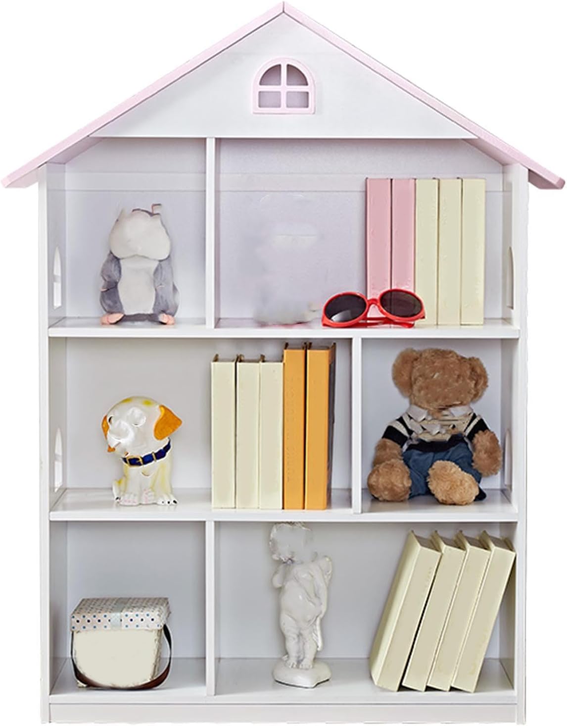 Wooden Dollhouse Bookshelf, 3 Tier Pink and White Kids Bookcase Toy Storage Organizer, Doll House Bookcase for Childrens Bedroom Playroom Nursery Classroom for Boys Girls Ages 3-8 Years Old