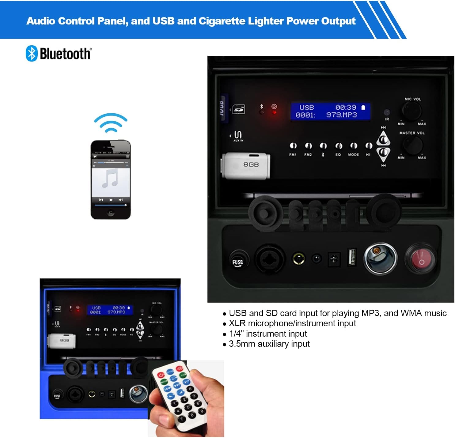 KoolMAX Cooler with Bluetooth Speaker System, 350W Boombox, 40 Qt Cooler, Rechargeable, USB 12V Car Cigarette Lighter Power Station, Guitar Amplifier, Radio, PA Machine, Karaoke, Blue