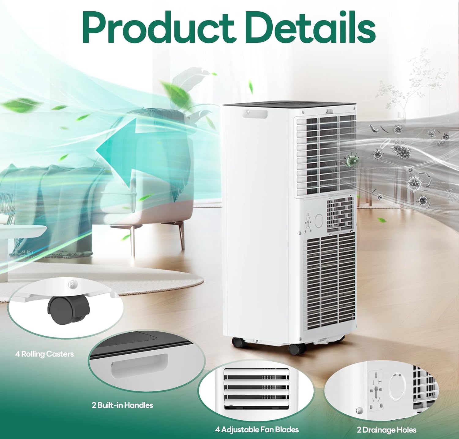 ZAFRO 10,000 BTU Portable Air Conditioners, Air Conditioner for Room Up to 450 Sq.Ft, 3-in-1 Portable AC Unit Cool & Dehumidifier & Fan Modes with Remote Control, White