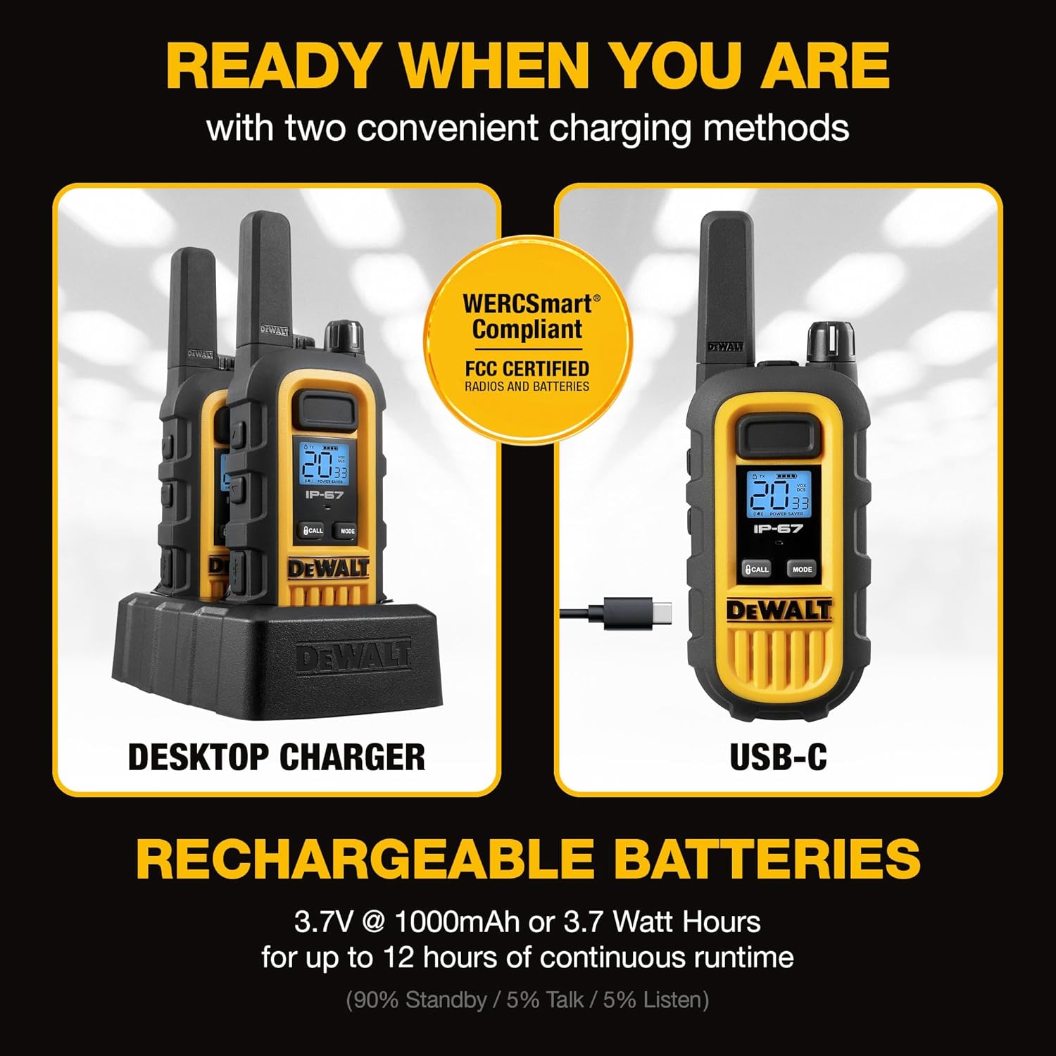 DEWALT FRS Walkie Talkies Long Range 2 Way Radio, 1 Watt, Waterproof & Rechargeable, 6 Pack with Gang Charger, DXFRS300-BCH6