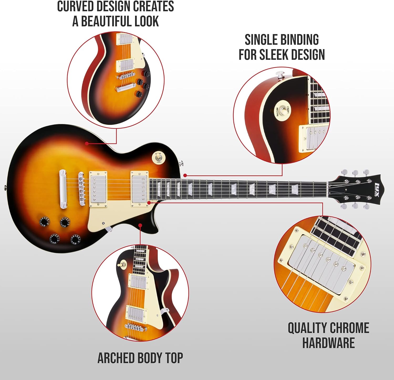 LyxPro 39” SB Series Electric Guitar, LP Style for Beginner, Intermediate & Pro Players Solid Body Guitar, Bonus 2-Pack of Picks, Mahogany Wood, Volume/Tone Controls, 3-Way Pickup - Sunburst