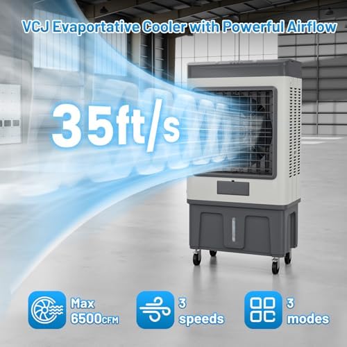 VCJ 6500CFM Swamp Cooler, Evaporative Air Cooler with 19Gal Water Tank, 8 Ice Packs, 120°Oscillation, 3 Speeds, Swamp Cooler Air Conditioner for Outdoor Patio Garage Commercial Industrial Use