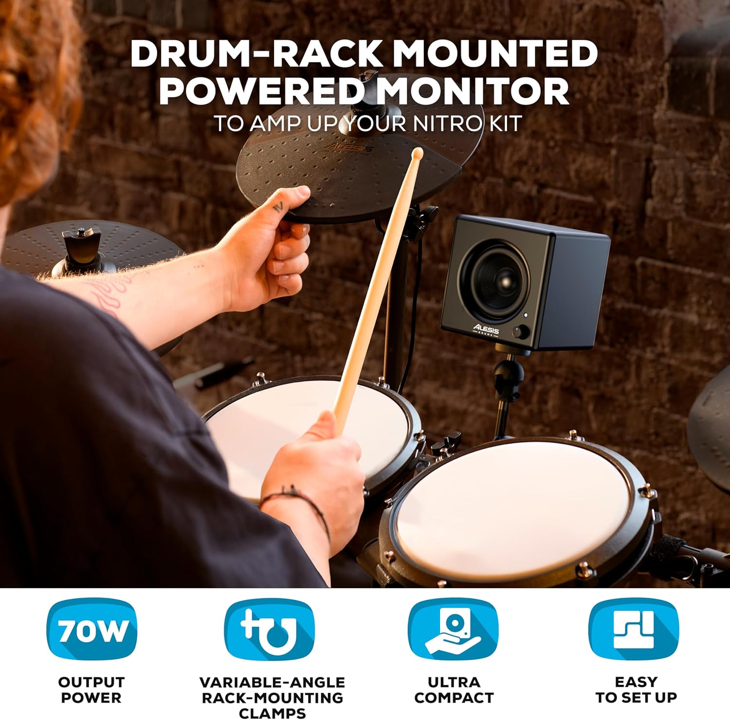 Alesis Nitro Pro and Amp - Electric Drum Set with Dual-Zone Mesh Pads, Bluetooth, USB MIDI, and 70W Rack-Mountable Drum Amplifier