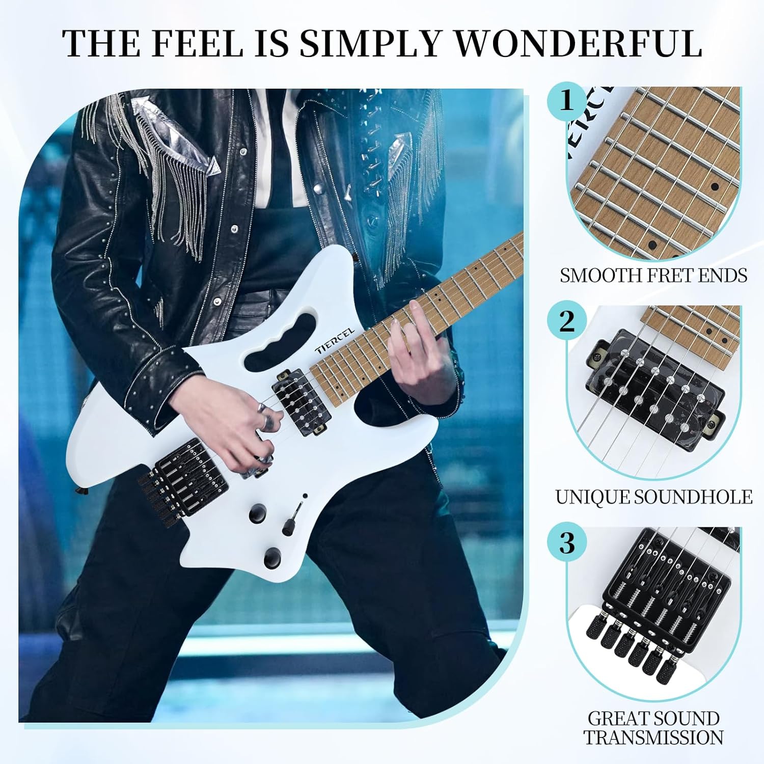 Headless Electric Guitar, Full Size Electric Guitar Solid Body Electric Guitar, Headless Guitar For Starter, Intermediates and Professionals with Tools, Gig Bag Solid-Body Electric Guitar (White)