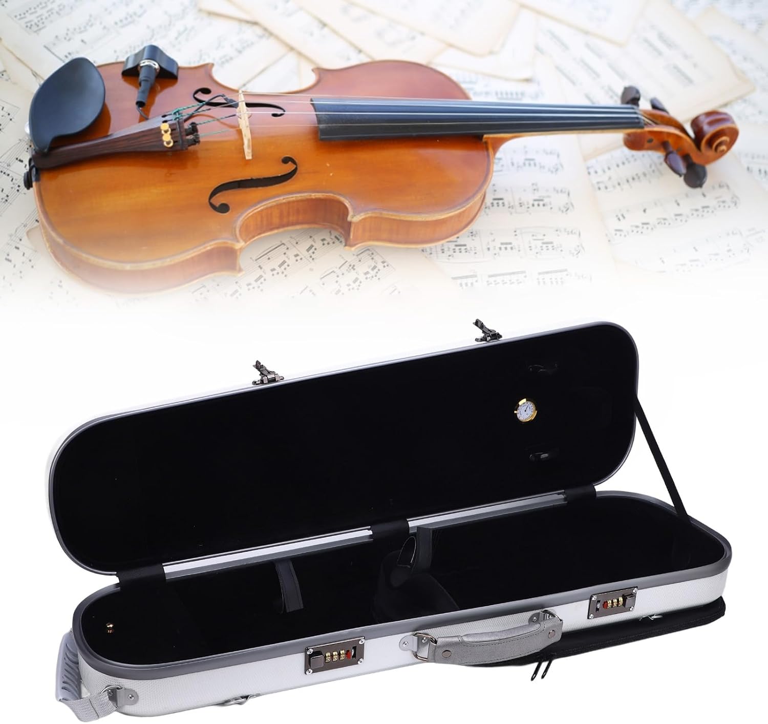 White 4/4 Carbon Fiber Violin Case Secure Locks Hygrometer 2 Shoulder Straps for 4/4, 3/4, 1/2, 1/8 Violins
