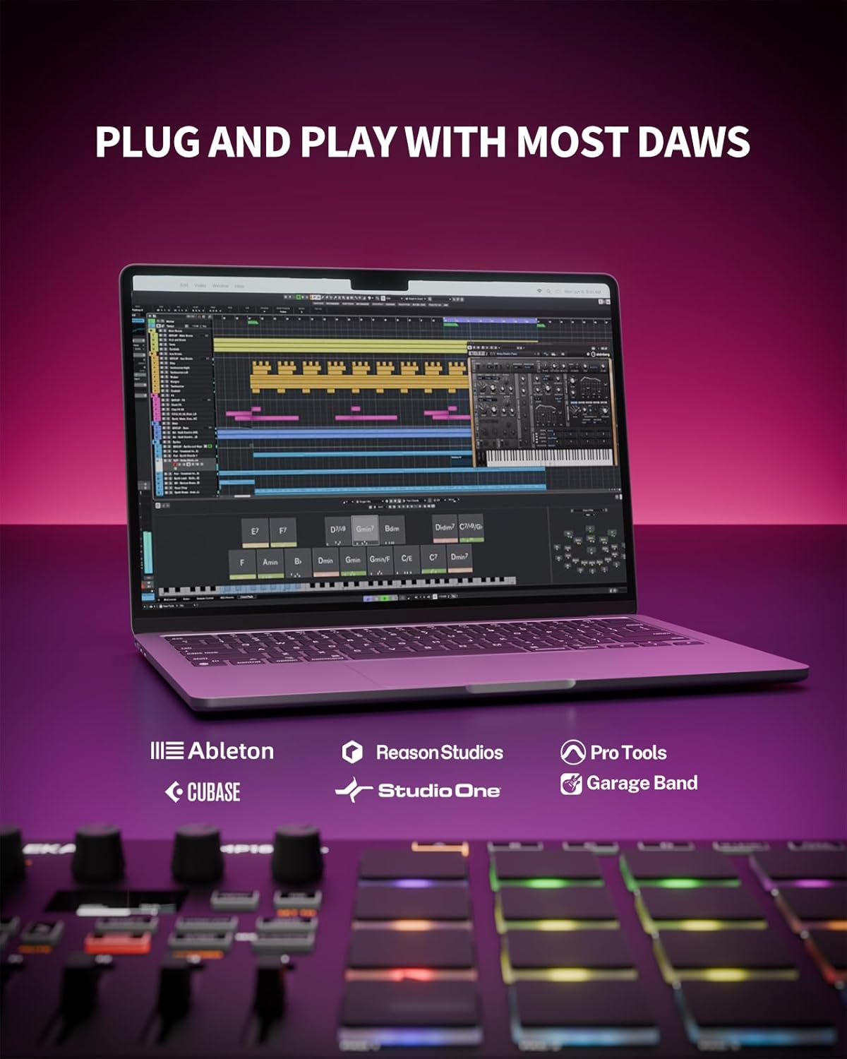 LEKATO MIDI Controller Pad Bluetooth Beat Maker Machine Drum Pad with 16 RGB Beat Pads and 4 Assignable Knobs and Faders, Plug & Play on iPad, iPhone, Mac, PC