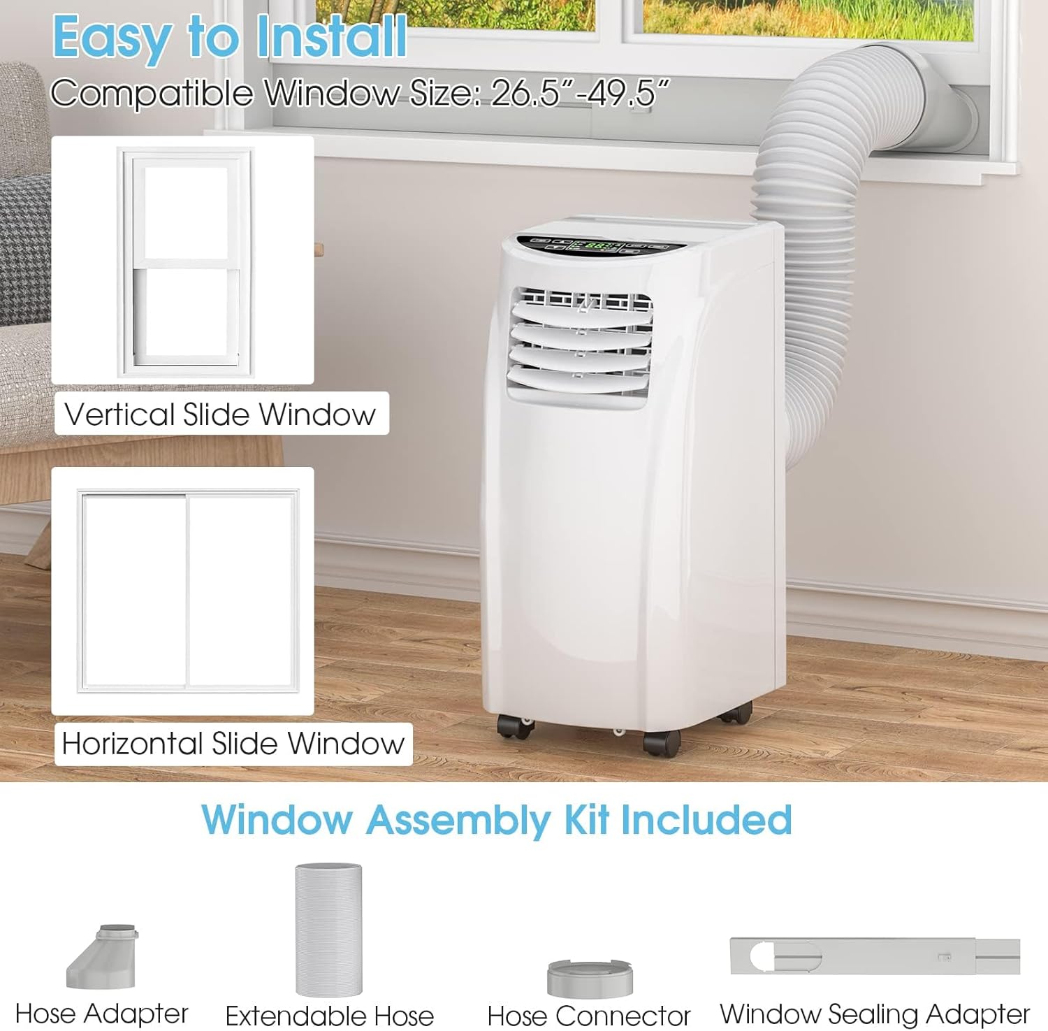 DORTALA Portable Air Conditioner, 8000 BTU 3-in-1 Floor AC Unit w/Dehumidifier Function, Fan Modes, Remote Control, Complete Window Wall Mount, 4 Caster Wheel, White