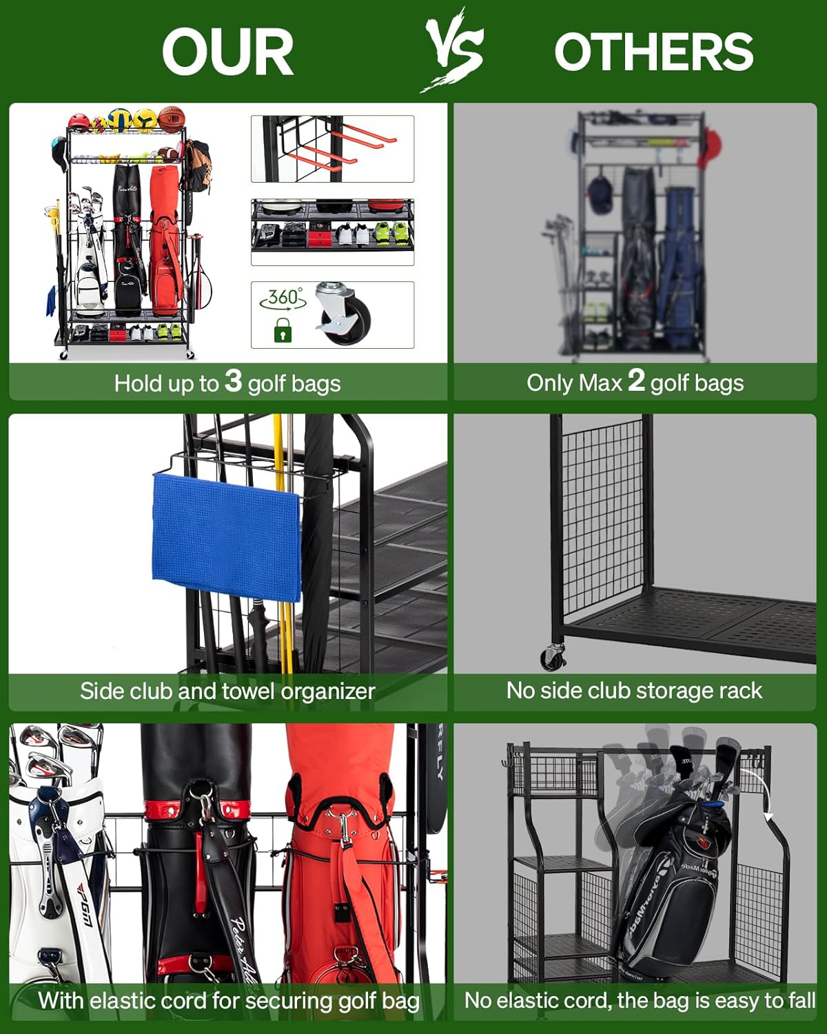 Golf Bag Storage Garage Organizer, 3 Golf Bag Stand and Sports Equipment Storage Rack for Garage with Wheels, 4 Hooks, Golf Accessories Storage Rack with Extra Golf Clubs Display Rack