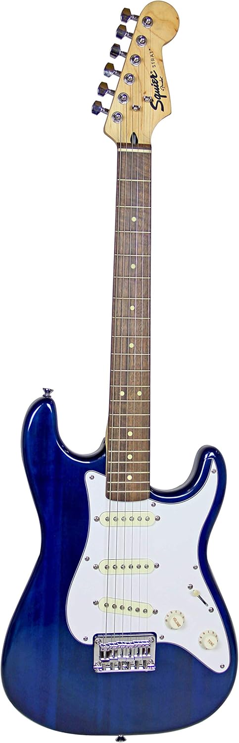 Squier by Fender Short Scale Stratocaster Pack with Frontman 10G Amp, Cable, Strap, and Picks - Blue