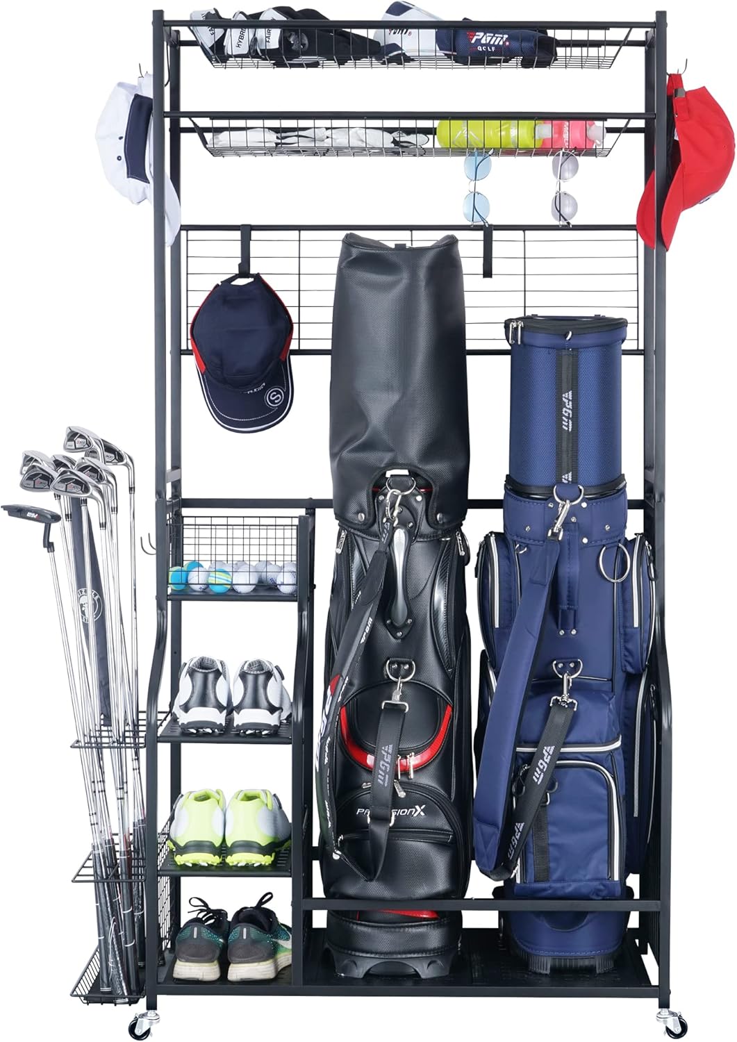 Mythinglogic Golf Bag Storage Garage Organizer,2 Golf Bags Storage Stand and Golfing Equipment Accessories Storage Rack with 4 Removable Hooks, Extra Golf Clubs Display Rack