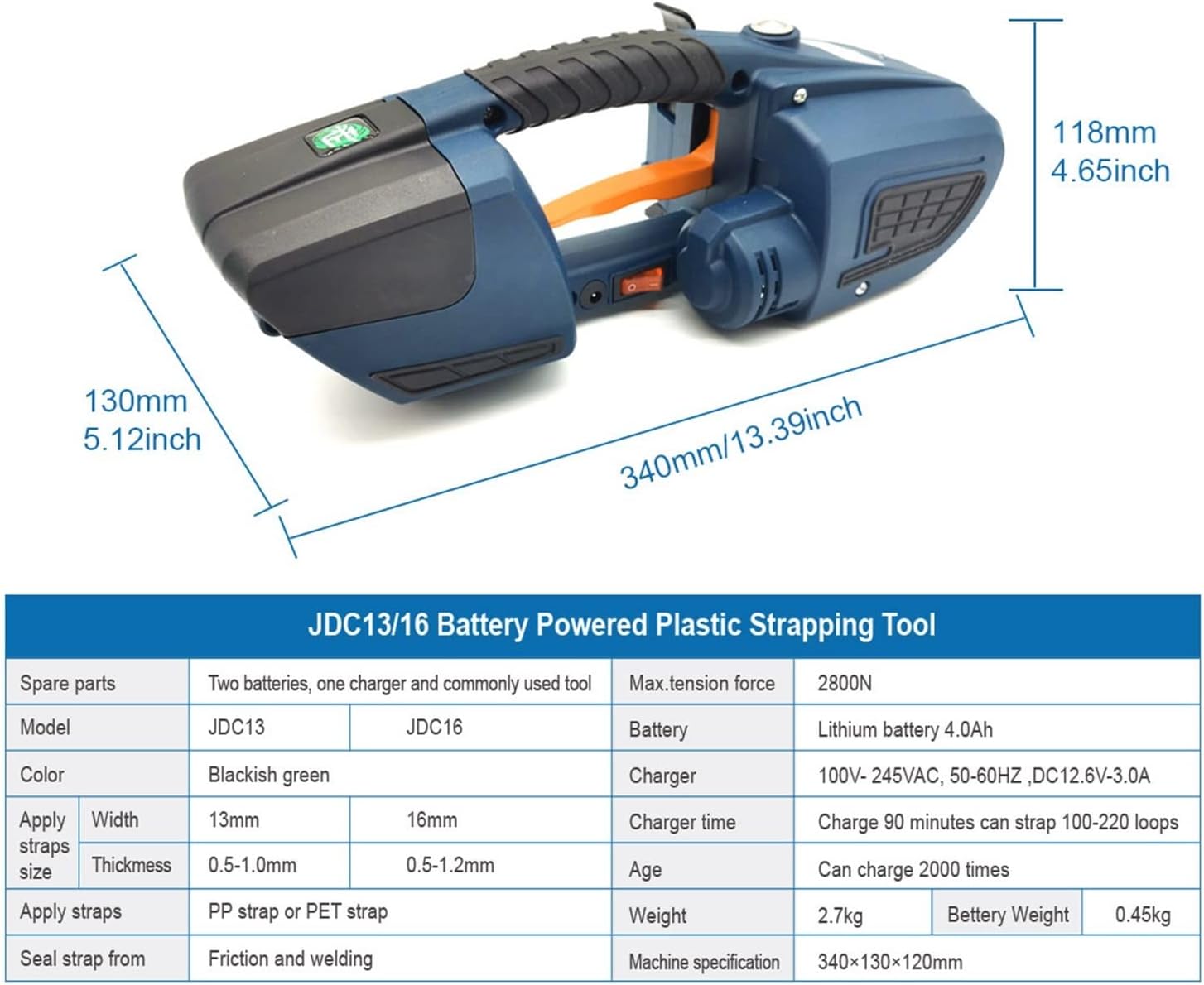 Portable Electric Strapping Machine With 2 Batteries JDC 13mm To 16mm Automatic Packaging Tool For PET PP Belt with Efficiency(JDC16mm)