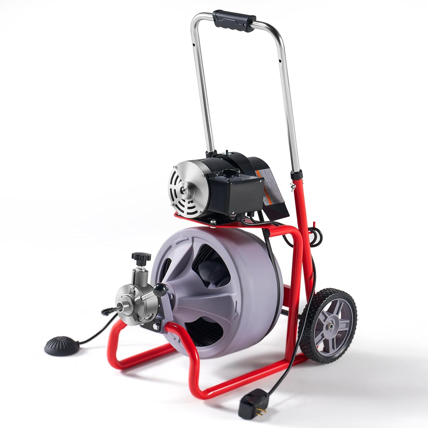 Albott 75 FT x 3/8 inch Electric Drain Cleaner Machine with Auto-Feed & 9 Cutters, Sewer Snake Auger for 1–4 Inch Pipes, Foot Switch & Wheels, Ideal for Home & Commercial Use, Grey/Red