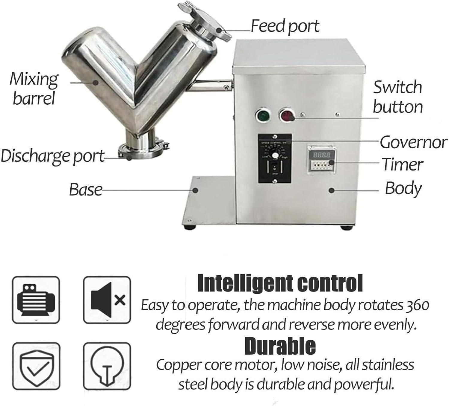 Feed Mixing Machine, 2L V-Type Dry Powder Mixer Particle Granule Blender, Adjustable Speed, for Feed, Medicinal Powder