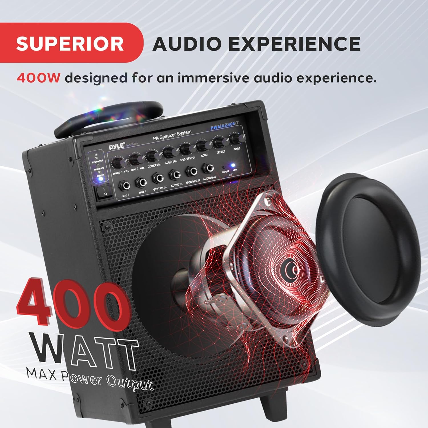 Pyle Wireless Portable PA System-400W Bluetooth Compatible Rechargeable Battery Powered Outdoor Sound Stereo Speaker Microphone Set w/Handle, Wheels-1/4 to AUX, RCA Cable (PWMA230BT)