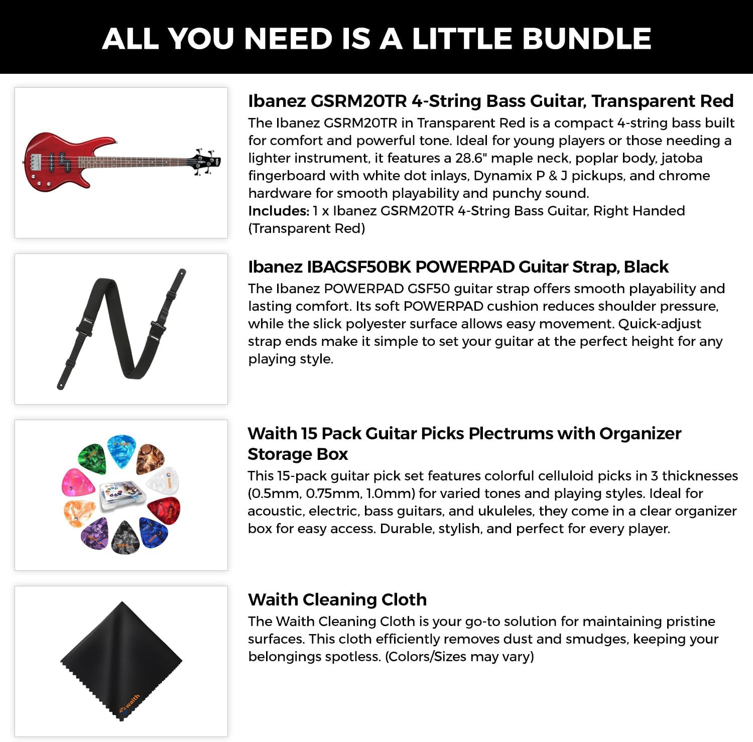 Ibanez GSRM20 4-String Bass Guitar (Transparent Red) - Right Handed Poplar Body Bass with GSF50 Powerpad Strap, 15 Pack Guitar Picks with Storage Box & Microfiber Cleaning Cloth (Bundle Set)