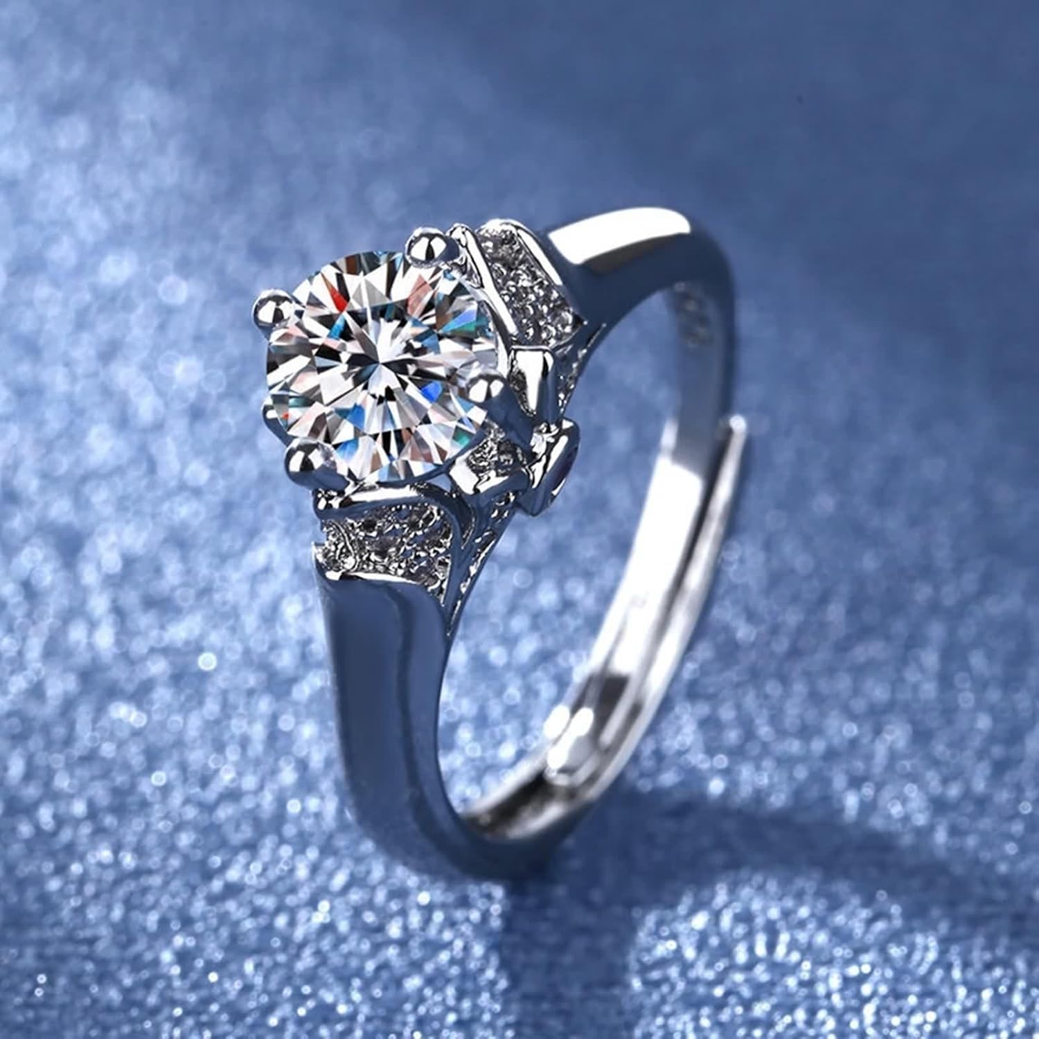 18 Karat White Gold Rings, Women's Engagement Ring Lab Diamond 4 Prongs Silver Band with Ruby for Fiancée