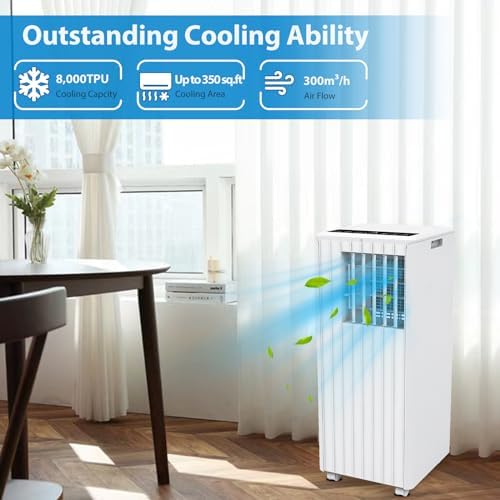 8,000 BTU Portable Air Conditioner with Remote, 3-in-1 AC, Dehumidifier & Fan for Rooms Up to 350 Sq.Ft. Includes Window Installation Kit, 24-Hour Timer, Easy Mobility Wheels & Quiet Operation (White)