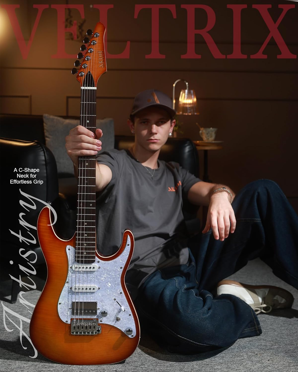 AKLOT Solid Body Electric Guitar - Flame Maple Top, HSS Alnico V Pickups with Coil-Split, Roasted Maple Neck, Locking Tuners, Veltrix Series, Inferno Burst