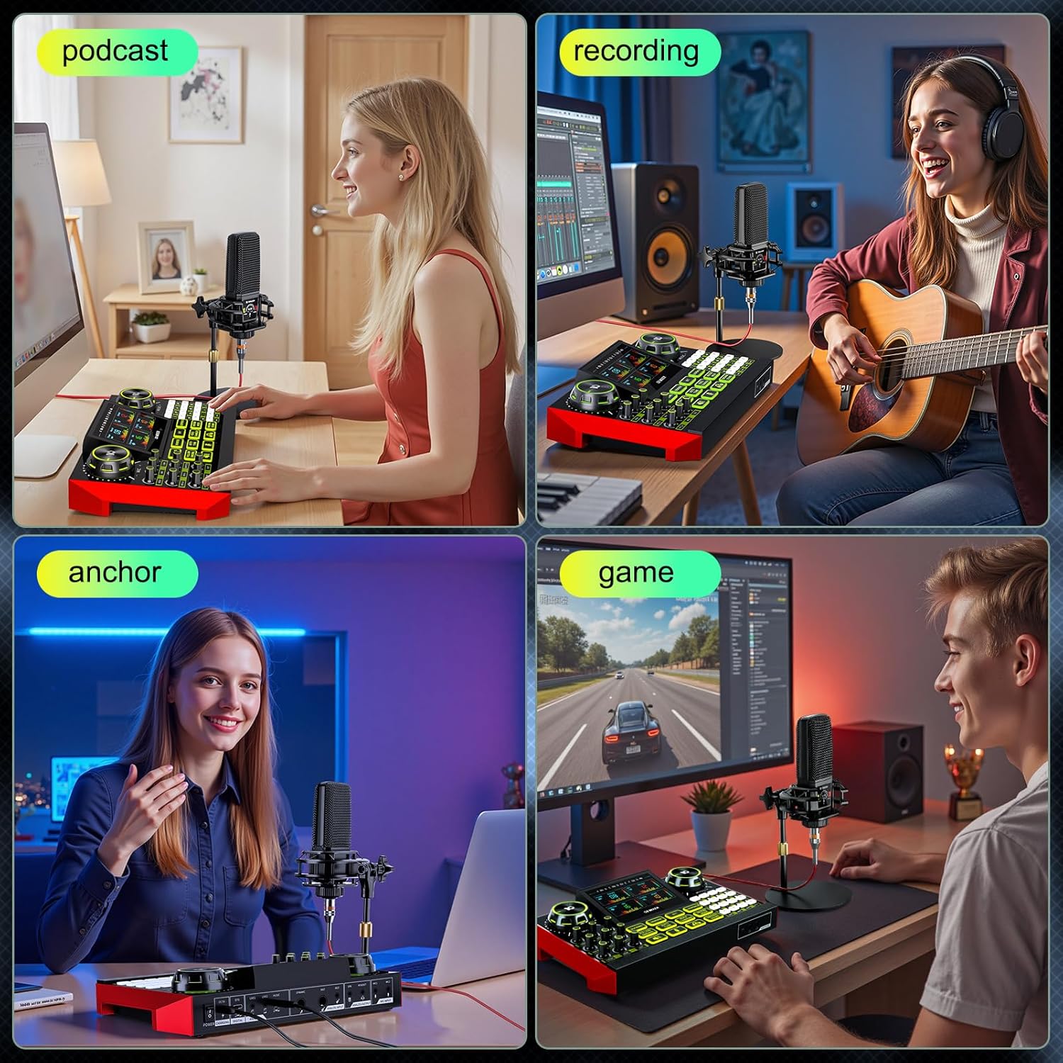 Podcast equipment bundle with live sound card audio mixer, podcast equipment with 3.5mm microphone, soundboard for phone, computer, live streaming, singing, recording, and content creation.