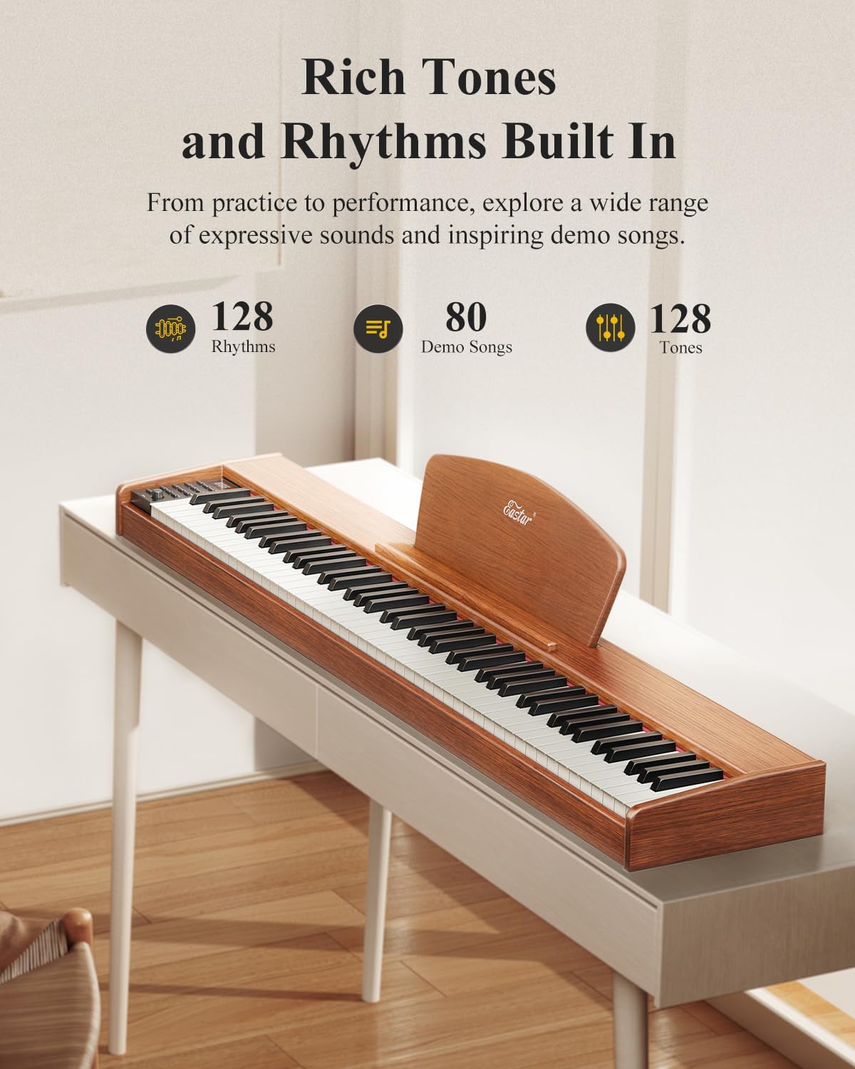 Eastar EP-80 Piano Keyboard 88 Keys, Full Size Electric Keyboard Piano with Velocity-Sensitive Key, Portable Beginner Digital Piano Bundle Piano Stand, Sustain Pedal, Music Stand and Headphones, Brown