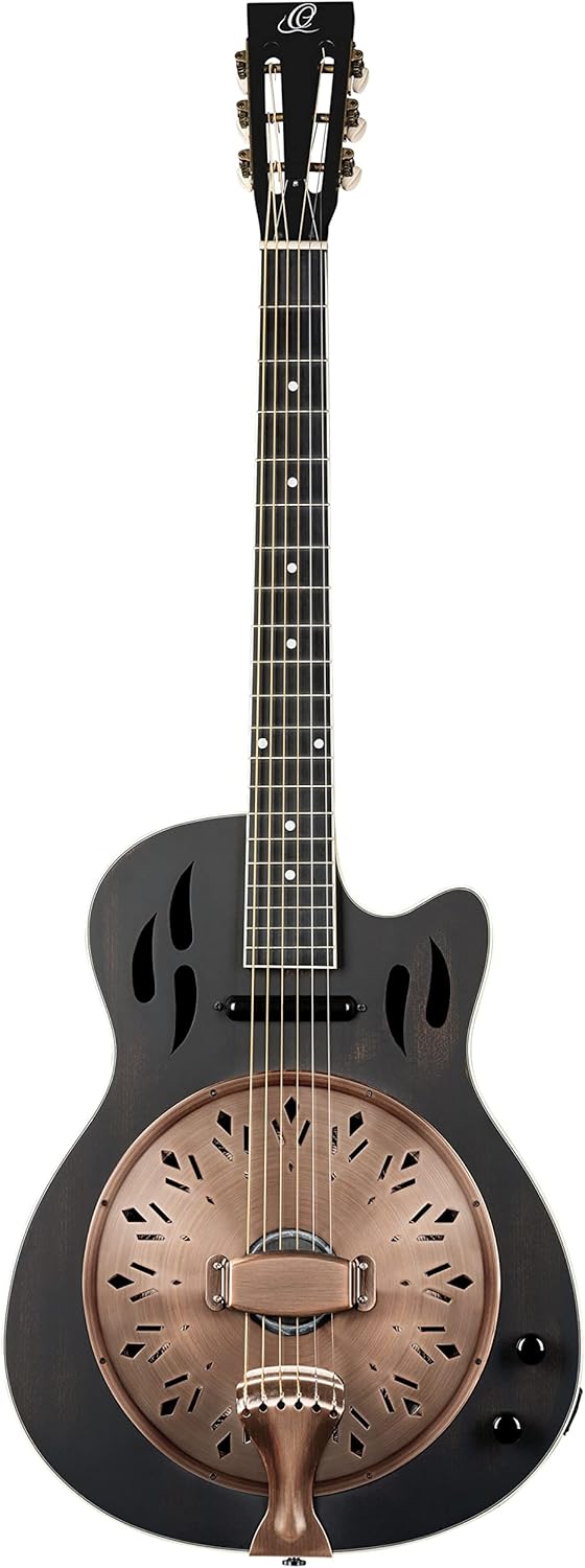 Ortega Guitars 6 String Americana Series Acoustic-Electric Resonator Guitar, Right, Distressed Black (RRG40CE-DBK)