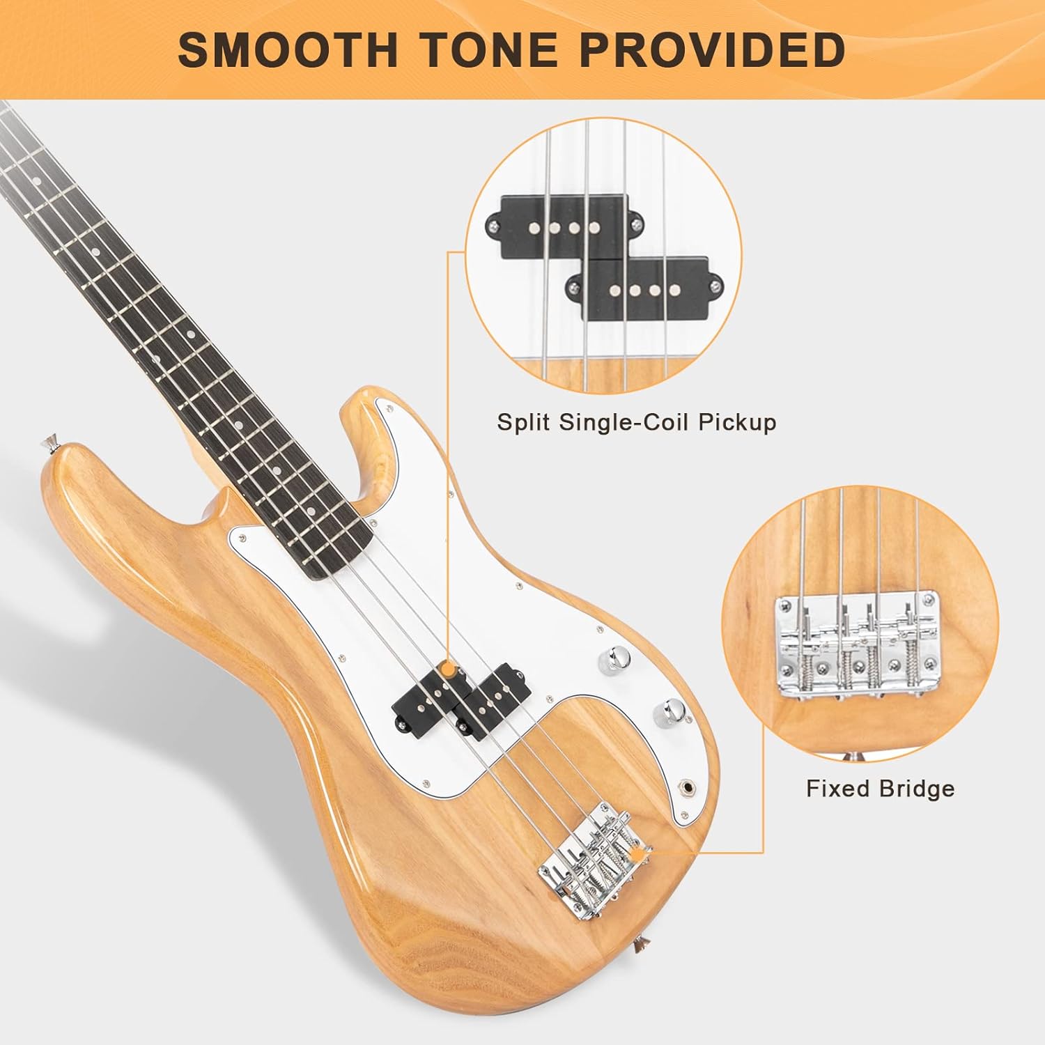 GLARRY Full Size Electric Bass Guitar Beginner Kit 4 String Exquisite Basswood Bass with 20W AMP, Cable, Strap, Bag and Accessories (Natural Wood, 39